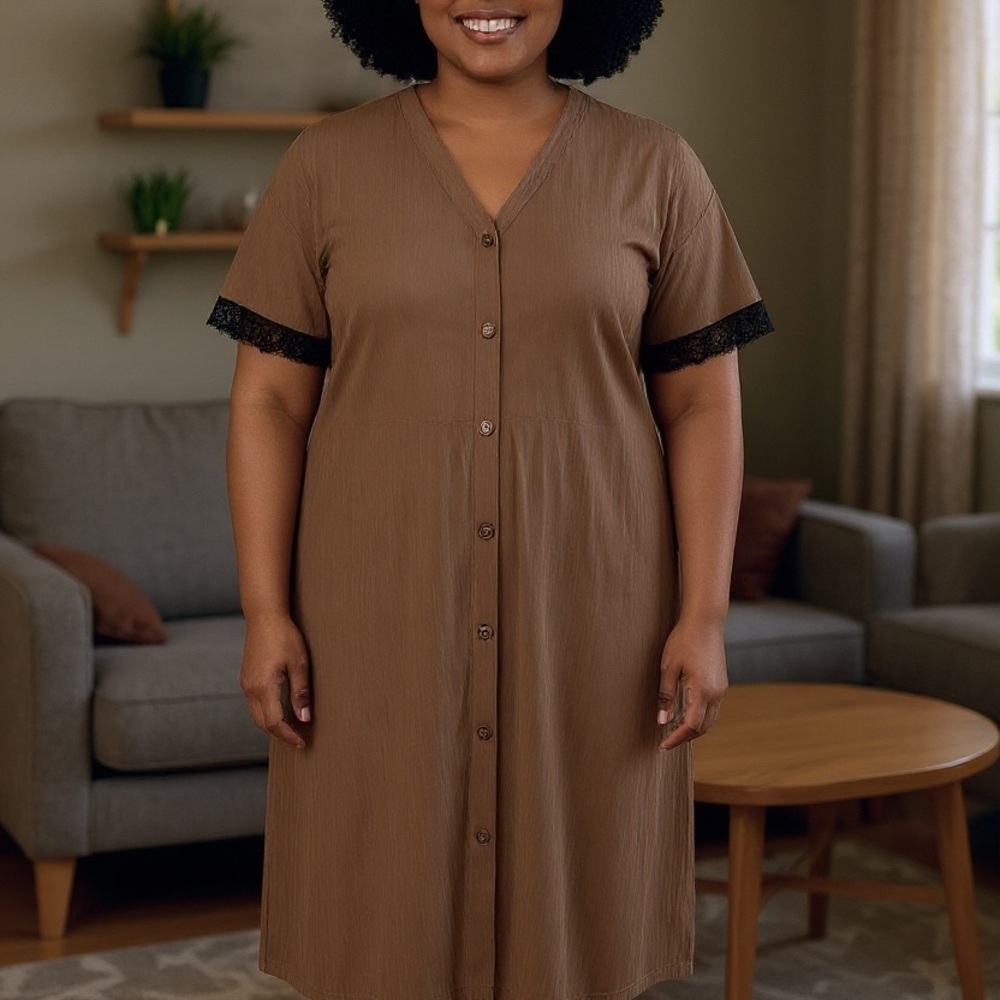 Pokwai Women’s Button Down Nightgown Short Sleeve Sleep Shirt with Black Lace XL
